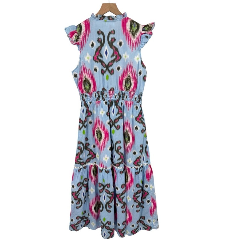 Sal Rosa Multicolor Ikat Print Tiered Maxi Dress XL Boho V-Neck Ruffle Sleeve - Picture 4 of 7